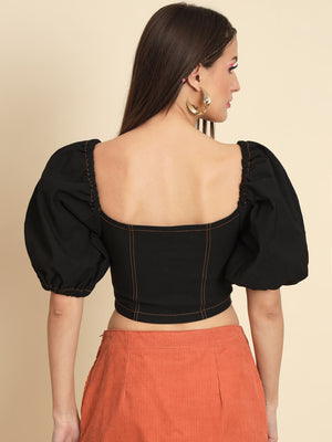 MAZIE Casual Balloon Sleeve Solid Women Black Top