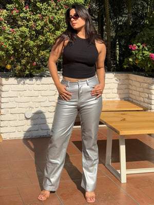 TANDUL  Women Regular Fit Silver Faux Leather Trousers