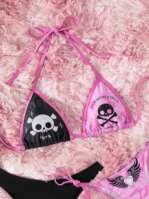 ELTIRE Pink Black Combo Printed Single Tie Strap Bikini Beachwear