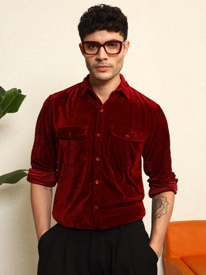 TANDUL Men's Maroon Velvet Shirt