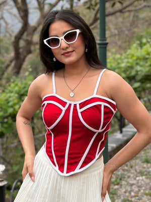TANDUL Women Stunning Red and White Corset Top