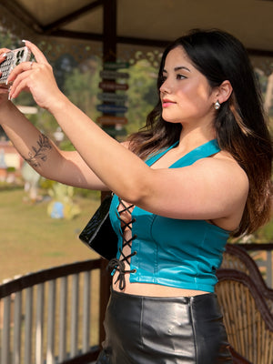 TANDUL Casual Sleeveless Solid Women Teal Blue Top