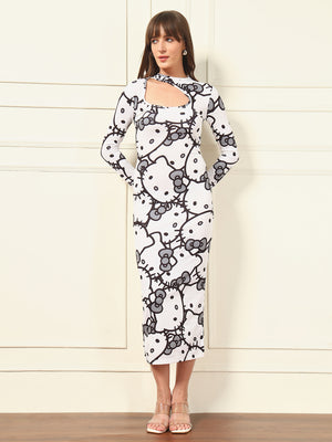 TANDUL White Kitty Printed Bodycon Dress