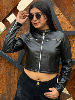 TANDUL Women Sleek Black Leather Jacket