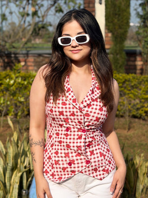 TANDUL Red and White Checkered Waistcoat