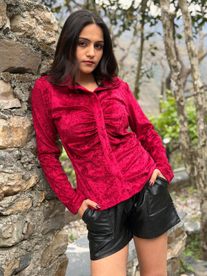 TANDUL Women Luxurious Maroon Velvet Shirt