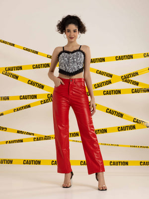 TANDUL  Women Regular Fit Red Faux Leather Trousers