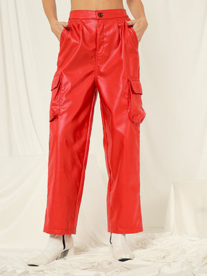 TANDUL  Women Regular Fit Red Faux Leather Trousers
