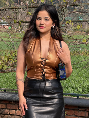 TANDUL Casual Sleeveless Solid Women Golden Top