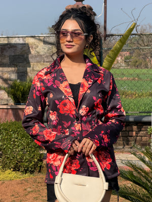 TANDUL Women Black Floral Printed Blazer