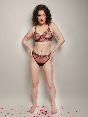 ELTIRE Embroided Wine Color Soft Net Lingerie Set