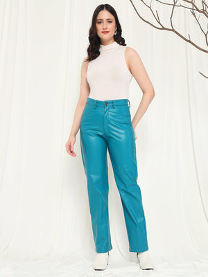 TANDUL  Women Regular Fit Light Blue Faux Leather Trousers