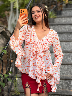 TANDUL Women Ruffle White and Orange Top