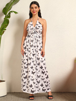 TANDUL Women Stunning White and Black Butterfly Print Dress