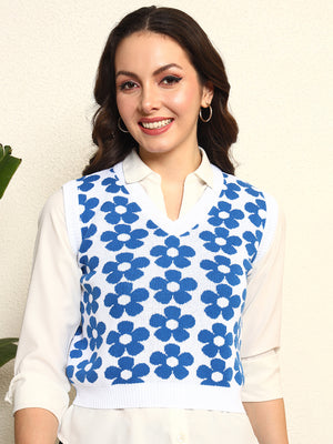 TANDUL Women Blue Floral Sleeveless Sweater
