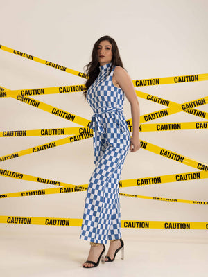 TANDUL Women Stylish Blue and White Checkered Jumpsuit