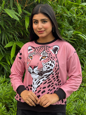 TANDUL Women Pink Bold Leopard Print Sweatshirt