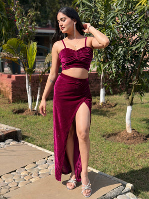 TANDUL Women Wine Color Velvet Co-ord Set