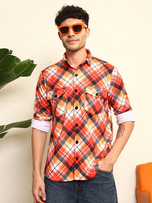 TANDUL Men's Striking Orange and Black Plaid Printed Shaket