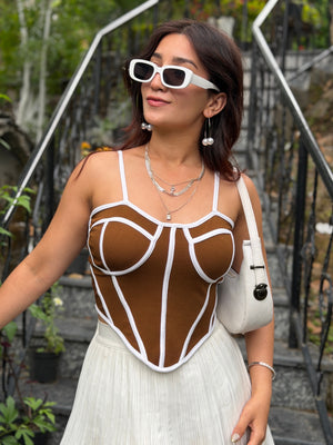 TANDUL Women Stunning Brown and White Corset Top