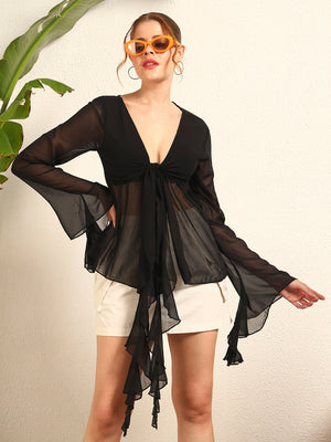 TANDUL Elegant Black Ruffled Top