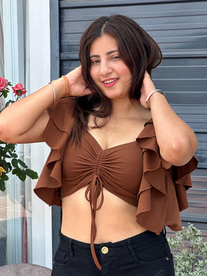 TANDUL Women Brown Top with Ruffled Sleeves