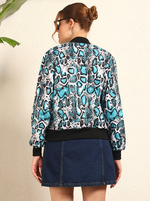 TANDUL Women's Blue and Black Snake Print Bomber Jacket
