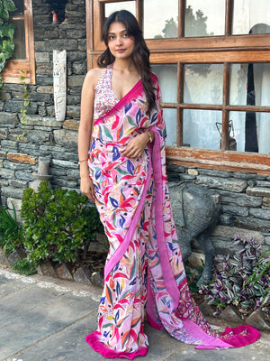 ELTIRE Pink Floral Printed Georgette Sari
