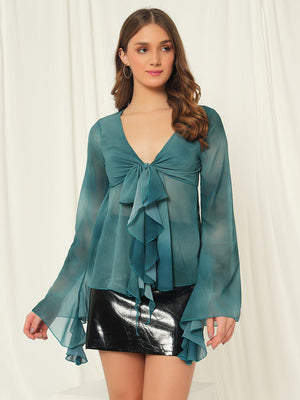 TANDUL  Casual Flared Sleeves Tie & Dye Women Green Top
