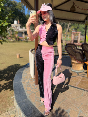 TANDUL Women Pink and Black Velvet Co-ord Set