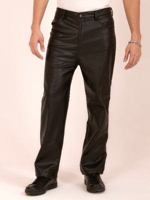 TANDUL  Men Regular Fit Black Faux Leather Trousers