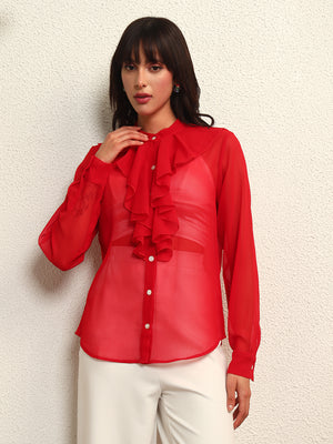 TANDUL Elegant Red Ruffled Detailed Shirt