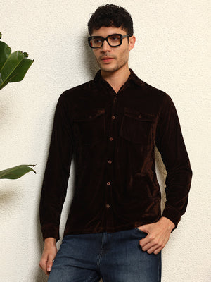 TANDUL Men's Brown Velvet Shirt