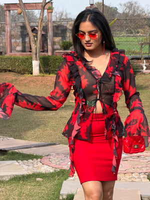 TANDUL Women Stunning Red and Black Floral Top