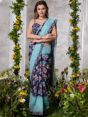 ELTIRE  Floral Print Bollywood Georgette Saree  (Blue)