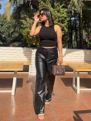 TANDUL  Women Regular Fit Black Faux Leather Trousers