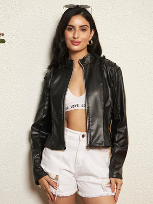 TANDUL Women Sleek Black Leather Jacket