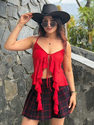 TANDUL Women Elegant Ruffled Red Top
