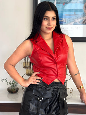 TANDUL Women Red Leather Waistcoat