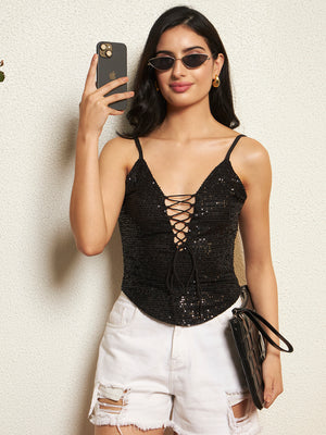 TANDUL Women Dazzling Black Sequin Top
