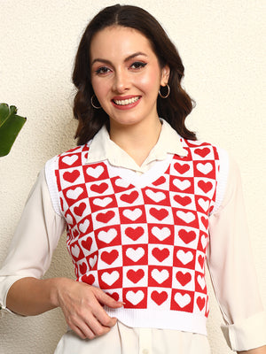 TANDUL Women Charming Red and White Heart Patterned Sweater