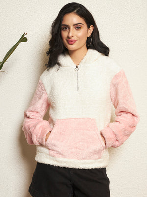 TANDUL Women Solid White and Pink Fur Hoodie