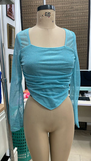 TANDUL Women Glitter Shimmer Ruched Skyblue Top