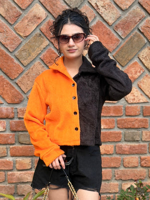 TANDUL Women Striking Orange and Black Fur Jacket