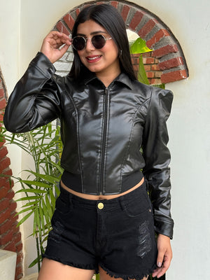 TANDUL Leather Black Solid Jacket For Women