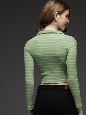 TANDUL  Casual Regular Sleeves Striped Women Green Top
