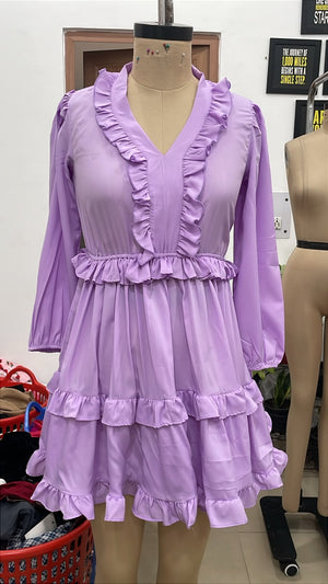 TANDUL Women Lilac Tiered Frill Babydoll Mini Dress