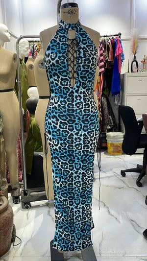 TANDUL Women Blue Leopard Print Halter Neck Lace-Up Maxi Dress