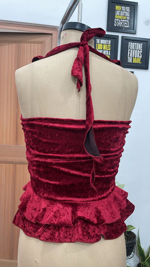 TANDUL Women Vintage Crimson Crushed Velvet Ruffle Halter Top