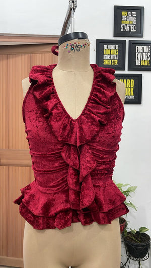 TANDUL Women Vintage Crimson Crushed Velvet Ruffle Halter Top